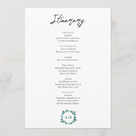 Blauwgroen Greenery Wedding Welcome Letter & Itine Programmakaart (Achterkant)