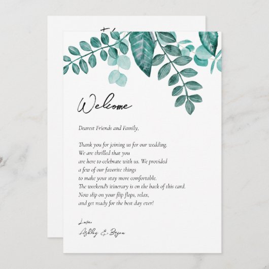 Blauwgroen Greenery Wedding Welcome Letter & Itine Programmakaart (Voorkant / Achterkant)