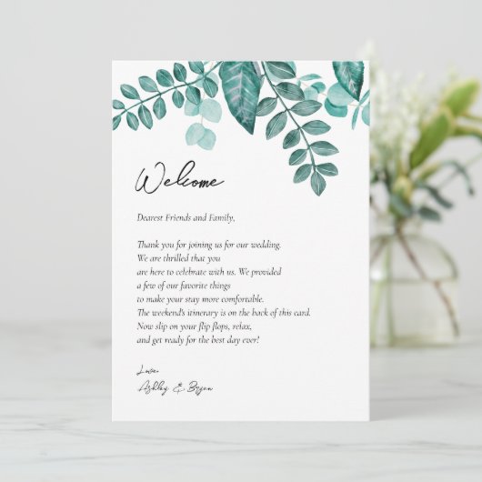 Blauwgroen Greenery Wedding Welcome Letter & Itine Programmakaart (Staand voorkant)