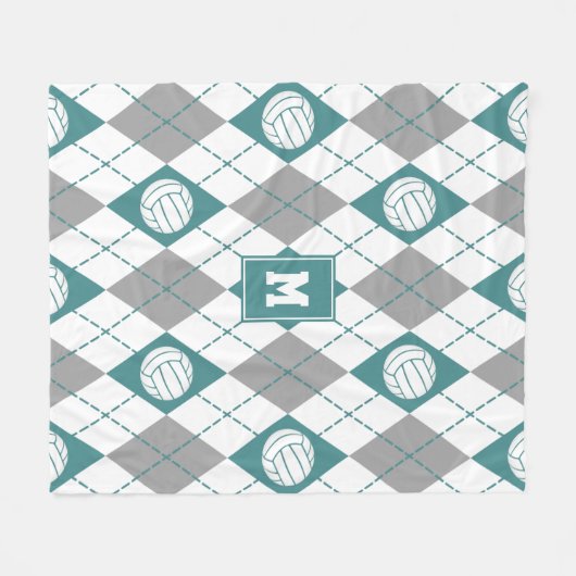 blauwgroen grijs argyle-patroon volleyballen monog fleece deken (Voorkant (Horizontaal))