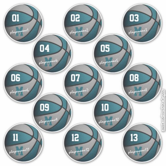 blauwgroen grijs basketbal 13 teamleden namen sticker (Voorkant)