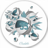 blauwgroen grijs basketballen sterren meisjes jers sticker (Voorkant)