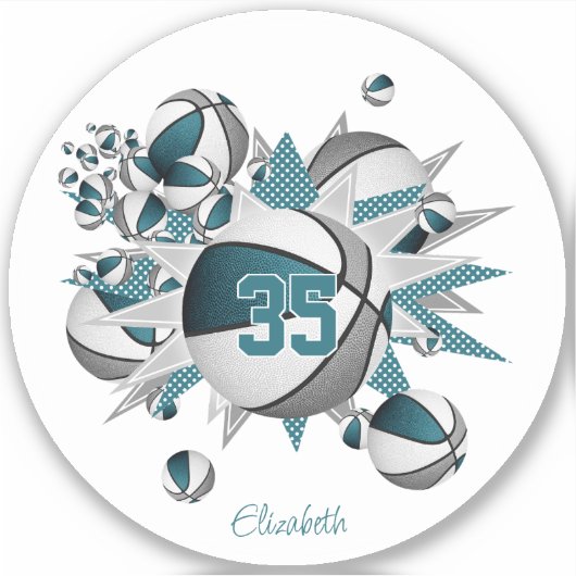 blauwgroen grijs basketballen sterren meisjes jers sticker (Voorkant)