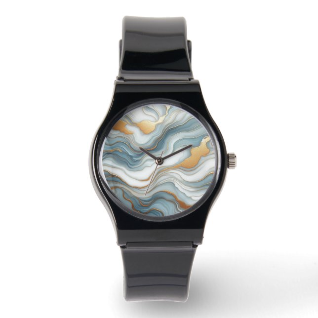 Blauwgroen Grijs Blauw Goud Marmeren Kunstpatroon Horloge (Voorkant)