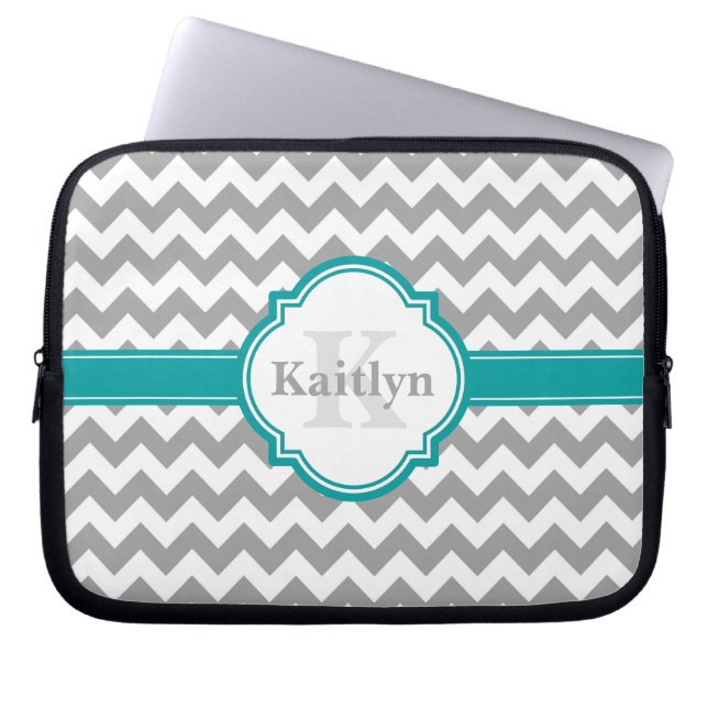 Blauwgroen grijs Chevron Pattern & Moroccan Quatre Laptop Sleeve (Voorkant)