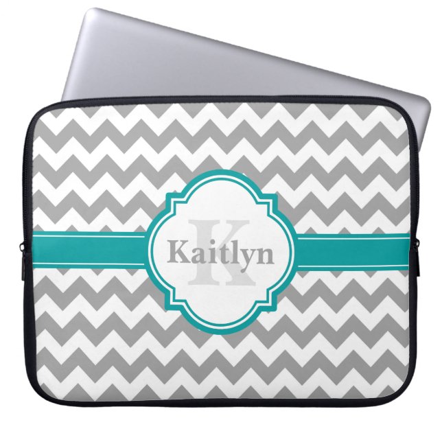 Blauwgroen grijs Chevron Pattern & Moroccan Quatre Laptop Sleeve (Voorkant)