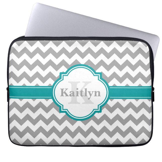 Blauwgroen grijs Chevron Pattern & Moroccan Quatre Laptop Sleeve (Voorkant)