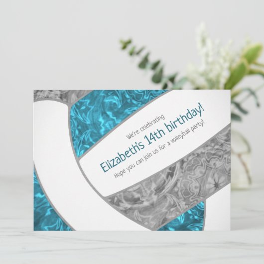 blauwgroen grijs girale volleybalfeest kaart (Staand voorkant)