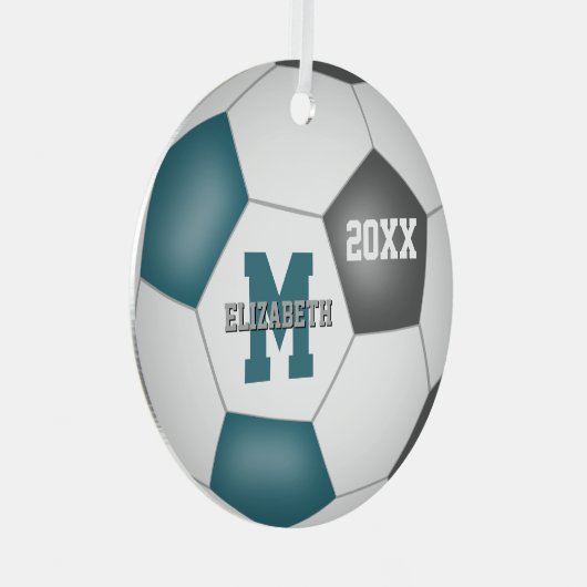 blauwgroen grijs haar schoolteam kleuren voetbal metalen ornament (Voorkant Rechts)