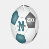 blauwgroen grijs haar schoolteam kleuren voetbal metalen ornament (Voorkant links)