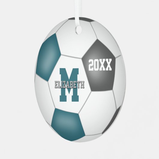 blauwgroen grijs haar schoolteam kleuren voetbal metalen ornament (Voorkant links)