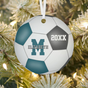 blauwgroen grijs haar schoolteam kleuren voetbal metalen ornament