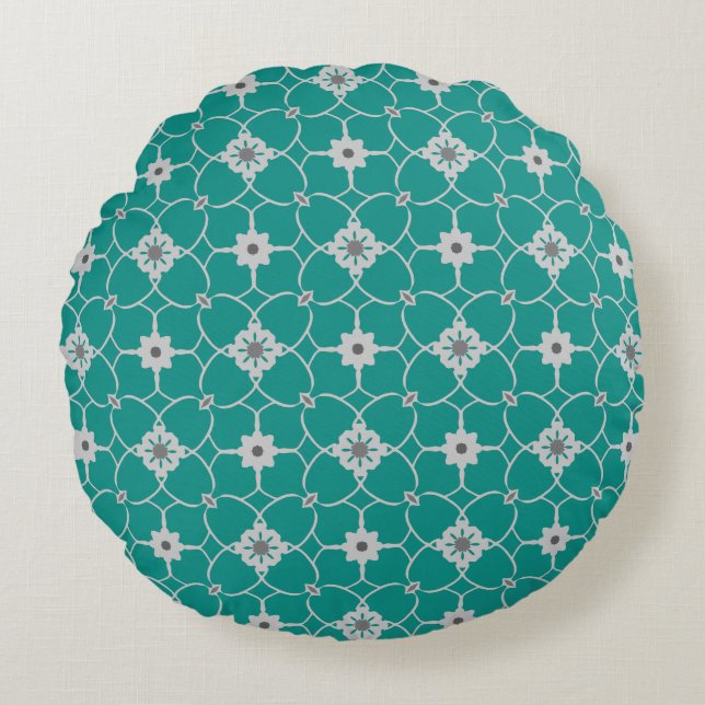 Blauwgroen grijs kerstpatroon rond kussen (Voorkant)