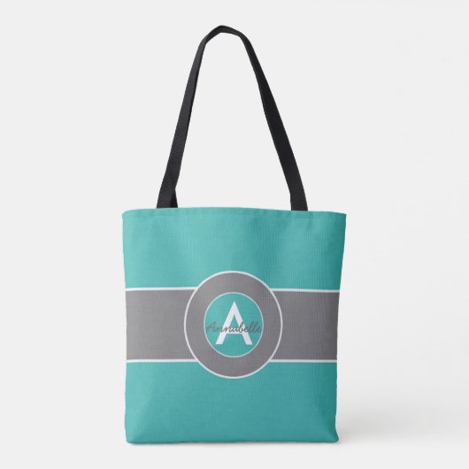 Blauwgroen grijs monogram op maat tote bag (Achterkant)