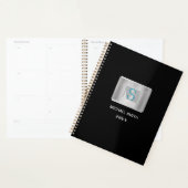 Blauwgroen & Grijs Monogram Witte Naam, Jaar Zilve Planner (Display)