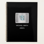 Blauwgroen & Grijs Monogram Witte Naam, Jaar Zilve Planner (Voorkant)
