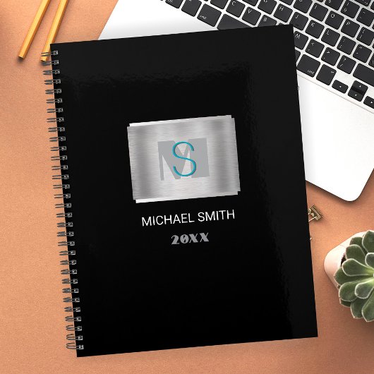 Blauwgroen & Grijs Monogram Witte Naam, Jaar Zilve Planner