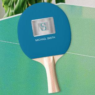Blauwgroen & Grijs Monogram, Witte Naam, Zilver, B Tafeltennisbatje