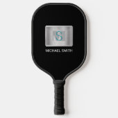 Blauwgroen & Grijs Monogram, Witte Naam Zilver, Zw Pickleball Paddle (Voorkant)
