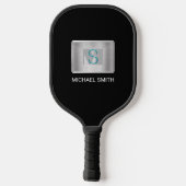 Blauwgroen & Grijs Monogram, Witte Naam Zilver, Zw Pickleball Paddle (Achterkant)