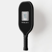 Blauwgroen & Grijs Monogram, Witte Naam Zilver, Zw Pickleball Paddle (Links)