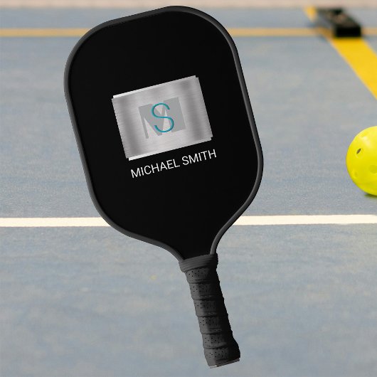 Blauwgroen & Grijs Monogram, Witte Naam Zilver, Zw Pickleball Paddle