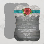 Blauwgroen grijs Rustic Wood Roos Wedding Invite Kaart (Voorkant / Achterkant)