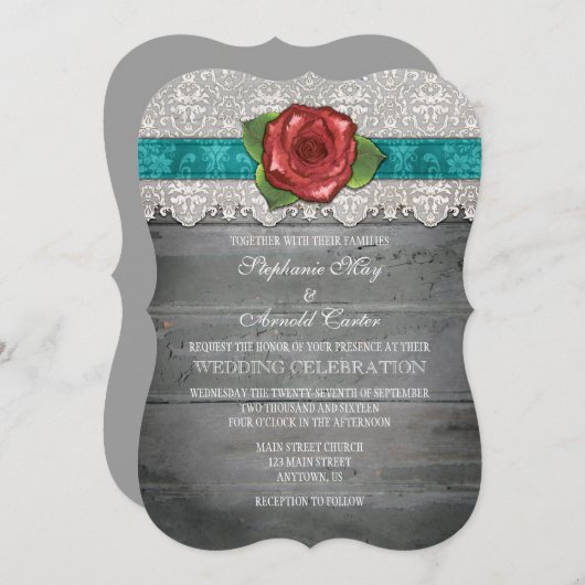 Blauwgroen grijs Rustic Wood Roos Wedding Invite Kaart (Voorkant / Achterkant)