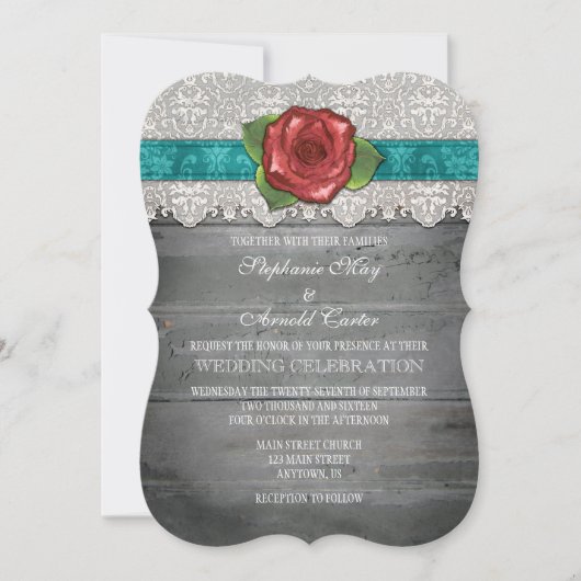Blauwgroen grijs Rustic Wood Roos Wedding Invite Kaart (Voorkant)