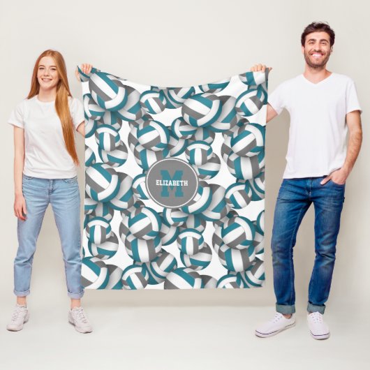 blauwgroen grijs schoolteam kleuren volleyballen fleece deken (In situ)