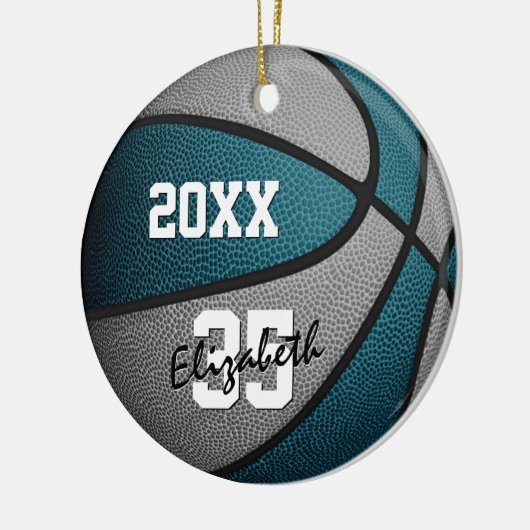blauwgroen grijs team kleuren jongens basketbal keramisch ornament (Links)