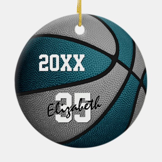 blauwgroen grijs team kleuren jongens basketbal keramisch ornament (Achterkant)