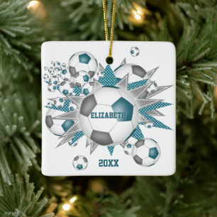 blauwgroen grijs voetbal blaasmeisjes sporten keramisch ornament
