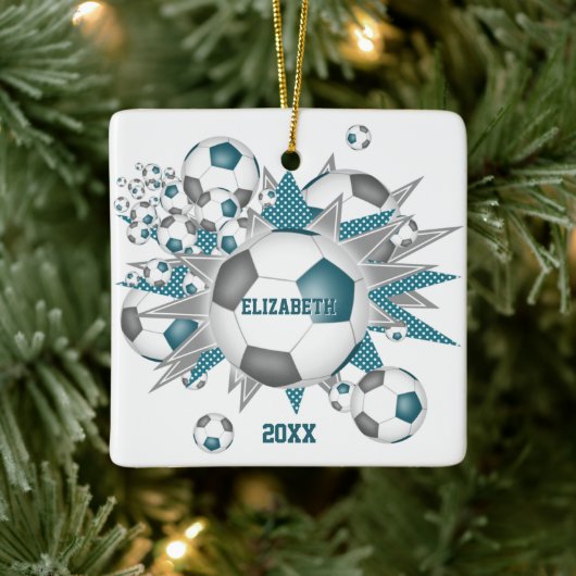 blauwgroen grijs voetbal blaasmeisjes sporten keramisch ornament (Boom)