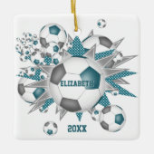 blauwgroen grijs voetbal blaasmeisjes sporten keramisch ornament (Voorkant)