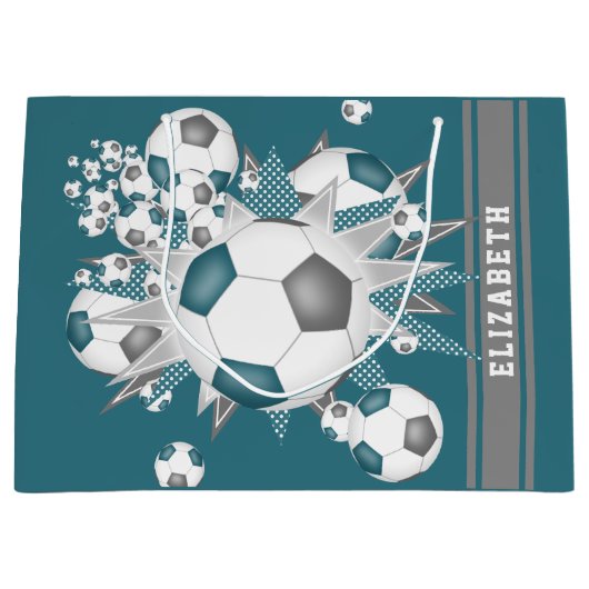 blauwgroen grijs voetbal blowout gepersonaliseerd groot cadeauzakje (Voorkant)