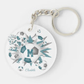blauwgroen grijs voetbal blowout meisjes monogram sleutelhanger (Achterkant)