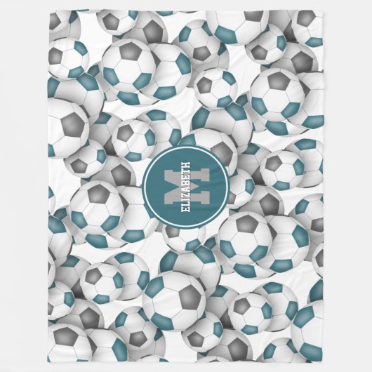blauwgroen grijs voetballen patroon monogram fleece deken (Voorkant)