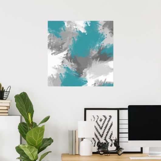 Blauwgroen grijze Abstracte matige penseelstreken Poster (Thuiskantoor)
