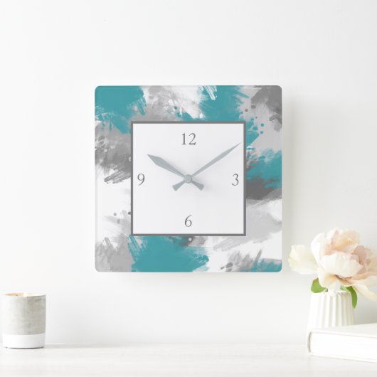 Blauwgroen grijze Abstracte penseelstreken Vierkante Klok (Huis)