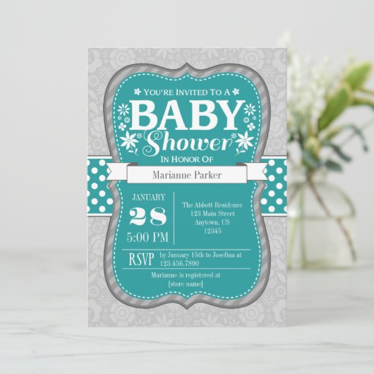 Blauwgroen grijze bloem Baby shower Uitnodiging (Staand voorkant)