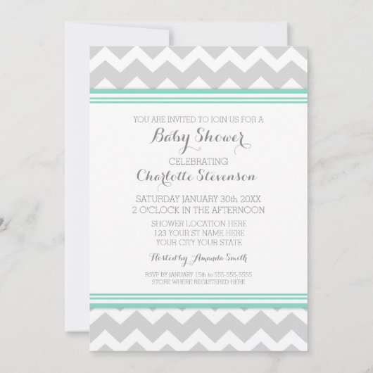 Blauwgroen grijze Chevron Custom Baby Shower Invit Kaart (Achterkant)