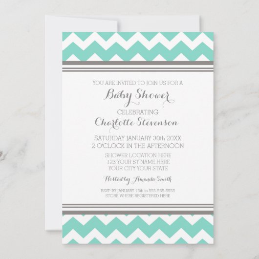 Blauwgroen grijze Chevron Custom Baby Shower Invit Kaart (Achterkant)