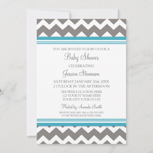 Blauwgroen grijze Chevron Custom Baby Shower Invit Kaart (Achterkant)