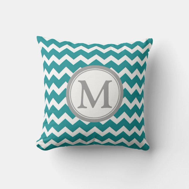 Blauwgroen grijze Chevron Monogram Decoratief Pill Kussen (Voorkant)