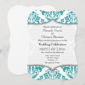 Blauwgroen grijze Damask Bracket Wedding Invite Kaart (Voorkant / Achterkant)