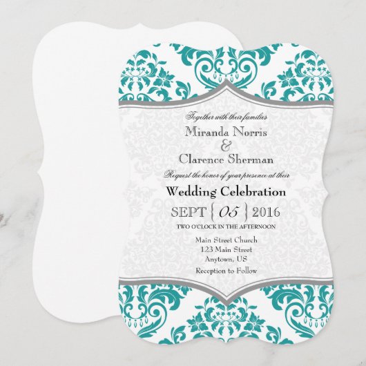 Blauwgroen grijze Damask Bracket Wedding Invite Kaart (Voorkant / Achterkant)