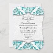 Blauwgroen grijze Damask Bracket Wedding Invite Kaart (Voorkant)