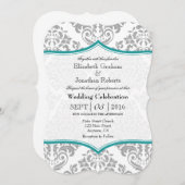 Blauwgroen grijze Damask Bracket Wedding Invite Kaart (Voorkant / Achterkant)