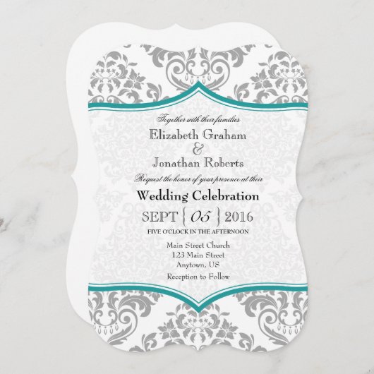 Blauwgroen grijze Damask Bracket Wedding Invite Kaart (Voorkant / Achterkant)